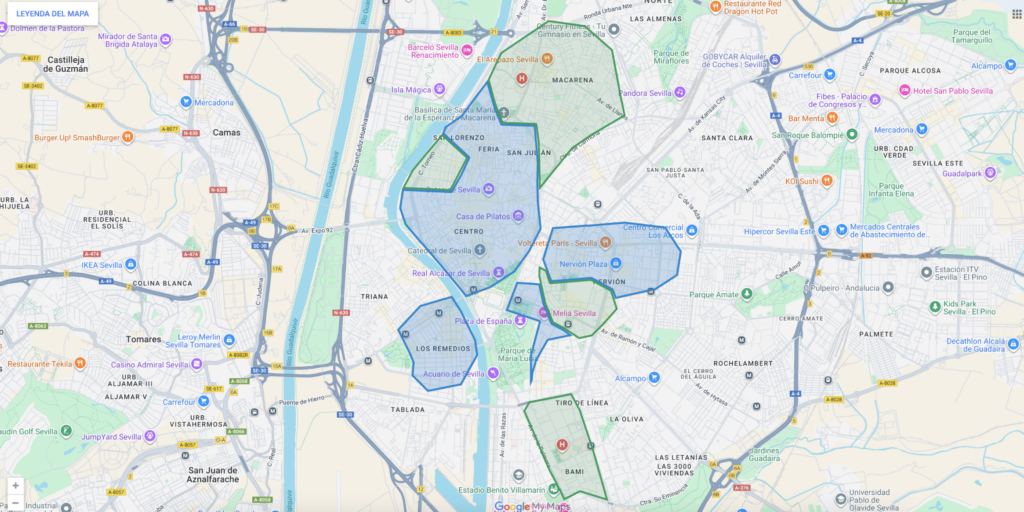 mapa de zonas de parcamiento azul, verde y Zonas MAR en Sevilla